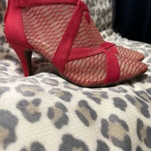 Lottini Red Mesh Pointed-Toe Heels with Crossover Straps